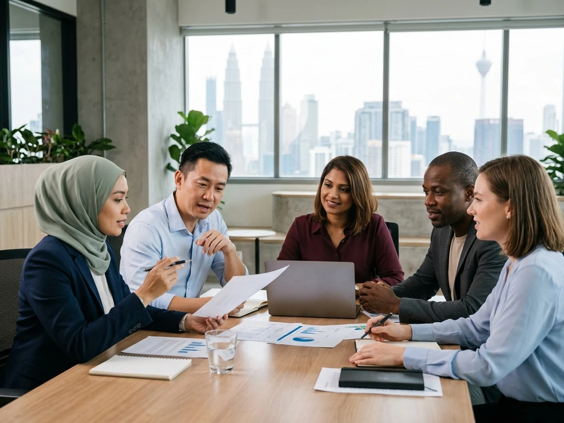Illustrative scene of Malaysian and international professionals collaborating in a Kuala Lumpur office